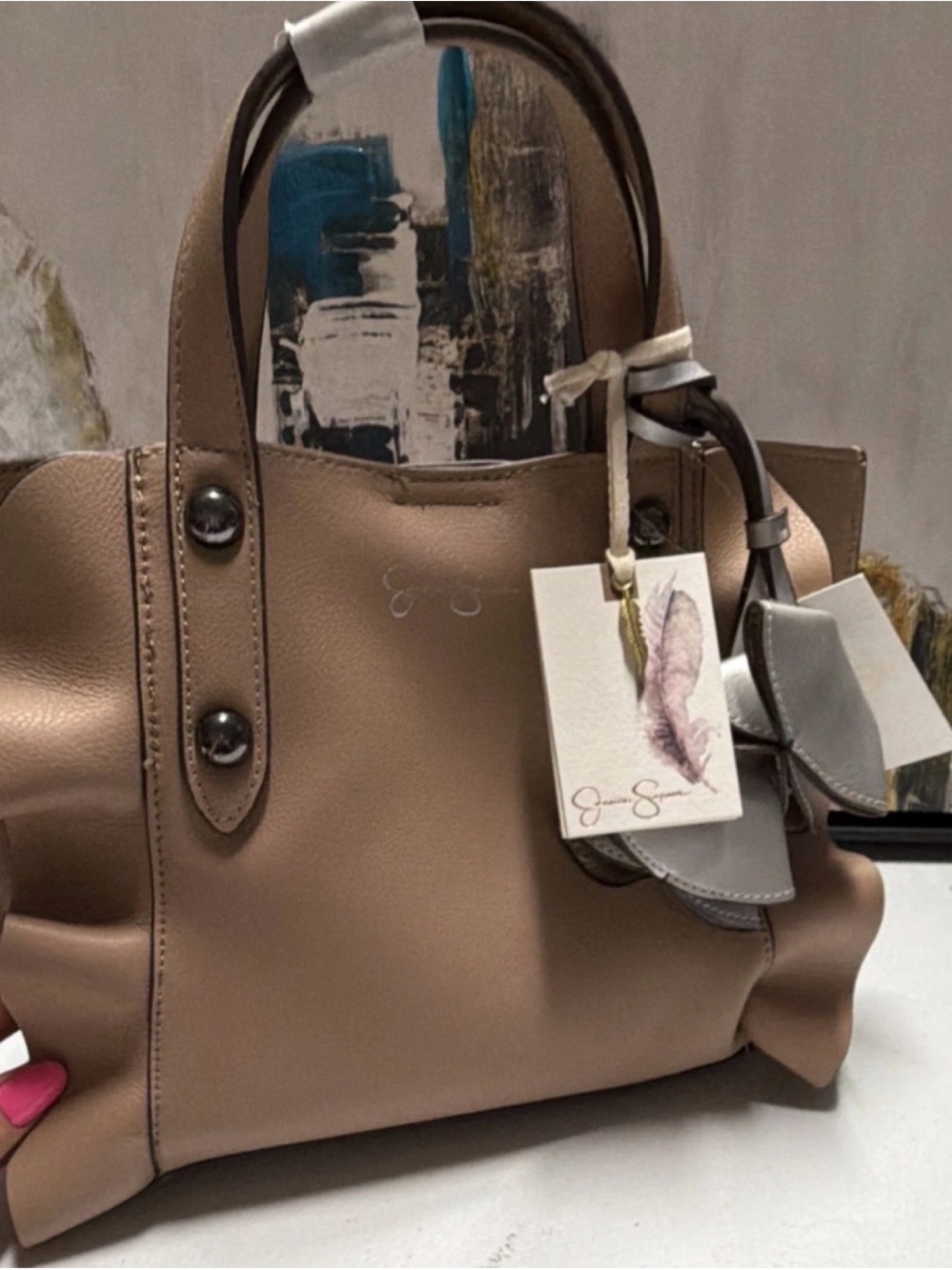 Jessica Simpson Beige Ruffle Top Handle Bag Zip for Women Brand Card